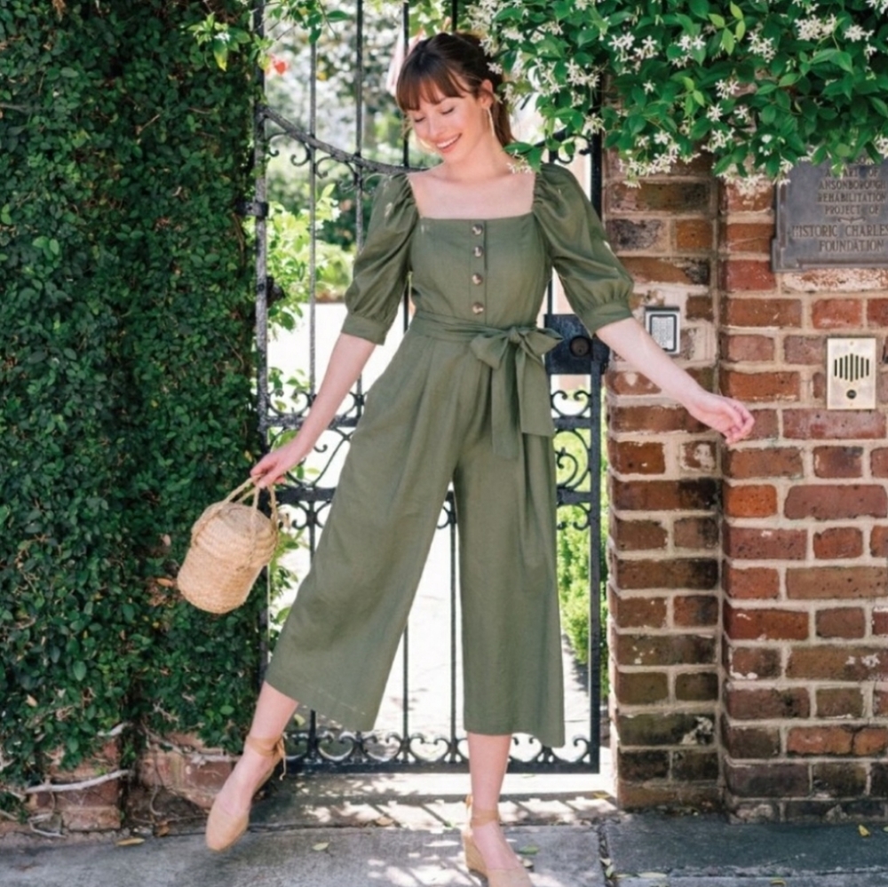 Gal Meets Glam Sylvie Puff Sleeve Green Jumpsuit
